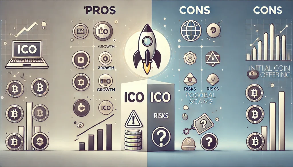 A minimalist infographic that uses icons and symbols to show the pros and cons of an Initial Coin Offering.