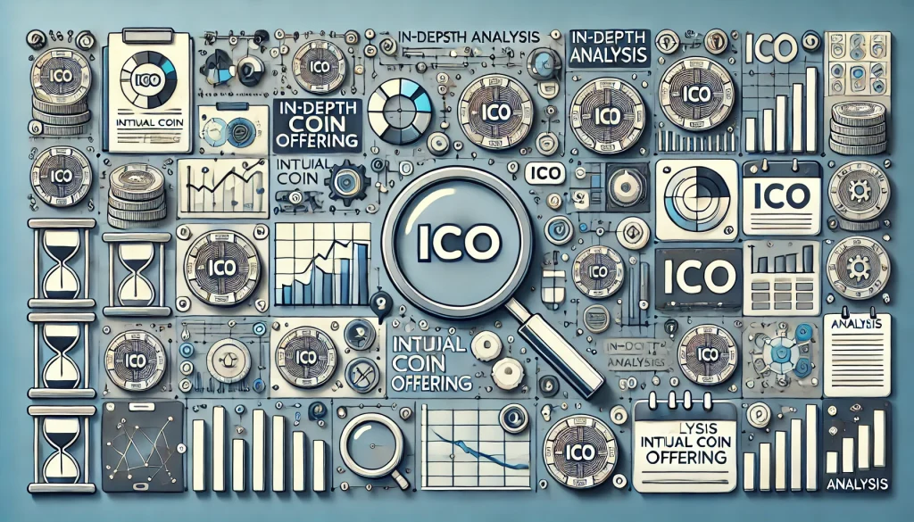 A minimalist 16x9 image representing the concept of an in-depth analysis of an initial coin offering, featuring digital coin symbols, an analytical chart, and a magnifying glass, in a professional color scheme of blue, gray, and white.