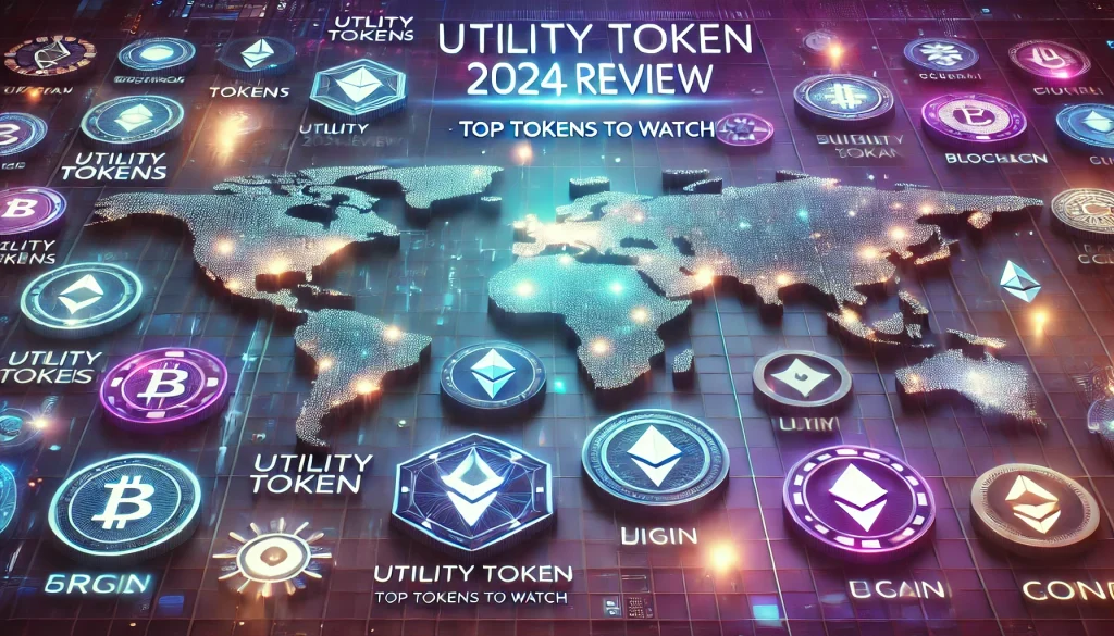 "The futuristic digital image, titled "Utility Tokens 2024 Review: Top Tokens to Watch," features a glowing world map, digital coin icons, and high-tech colors.