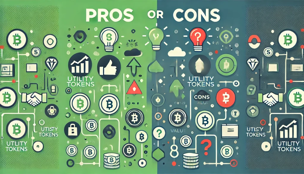 An infographic with icons showing the pros and cons of utility tokens, with green symbols on the left for positive and red symbols on the right for negative.