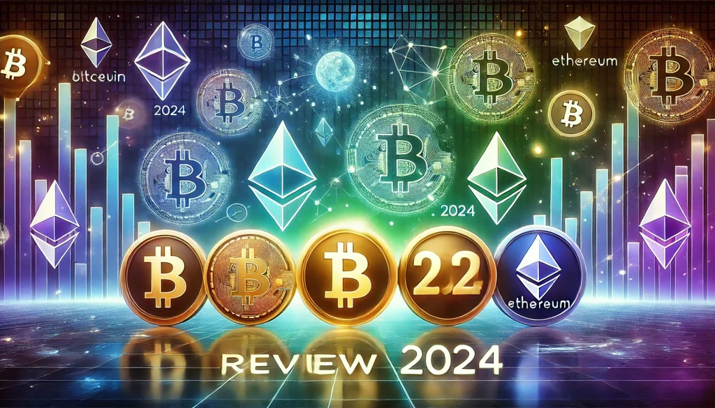 Futuristic image of cryptocurrency symbols rising from a digital grid titled 'Cryptocurrency Review 2024'.