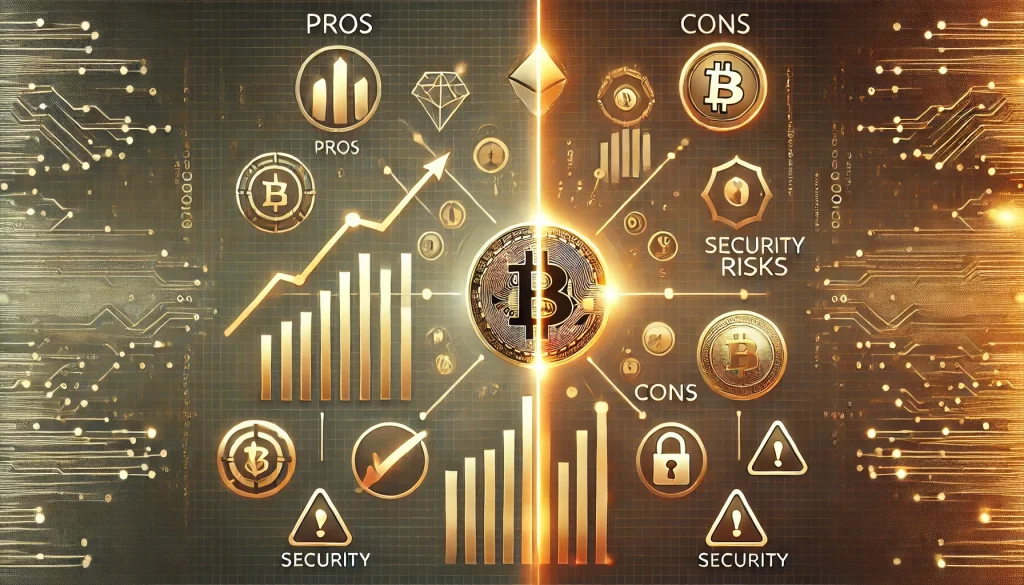 An image that balances the pros and cons of cryptocurrencies with contrasting symbols on either side.