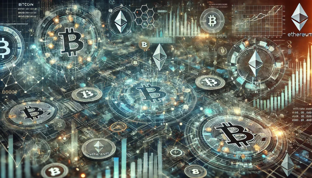 A futuristic digital artwork depicting an in-depth analysis of cryptocurrencies with blockchain nodes, graphs, and cryptocurrency symbols.