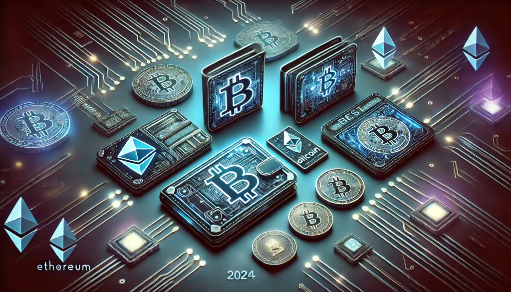 A modern image showcasing the "Best Cryptocurrency Wallets of 2024" with a stylized digital wallet and cryptocurrency symbols like Bitcoin and Ethereum. The background consists of futuristic circuitry patterns and glowing elements in dark blue, black, and metallic colors to convey a sense of security and innovation.