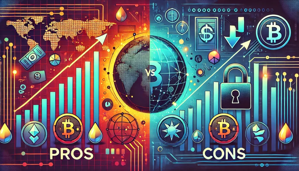 A split-screen illustration showing the pros and cons of virtual currencies, with a vibrant symbol of growth on the left and a dark symbol of warning on the right.