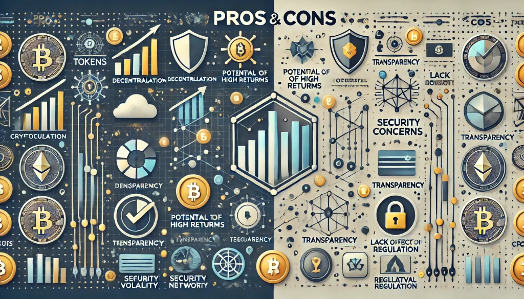 An infographic showing the pros and cons of cryptocurrency tokens with contrasting visuals on both sides.