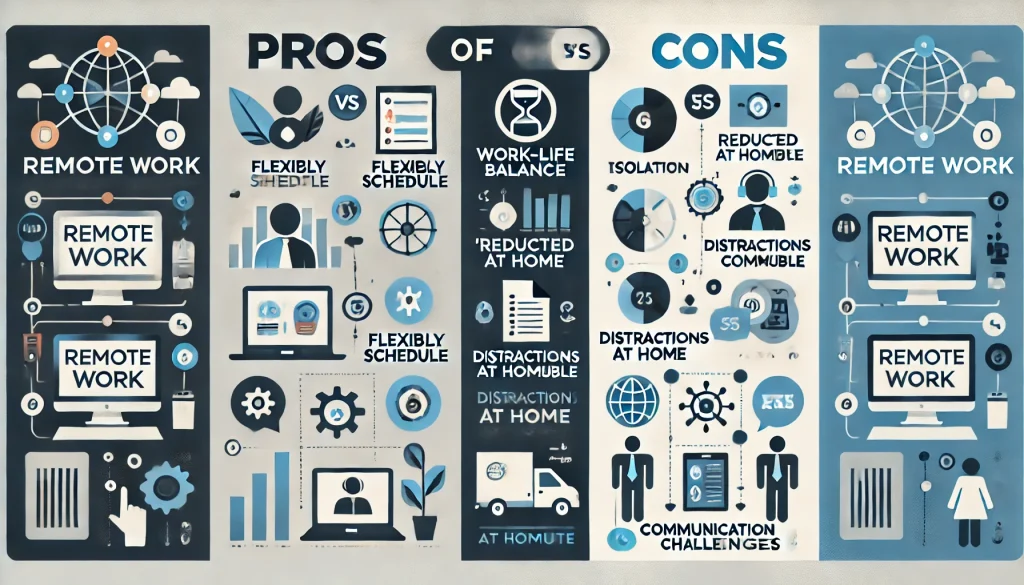 Infographic comparing the pros and cons of remote work using icons and text bubbles on a modern blue and gray background.