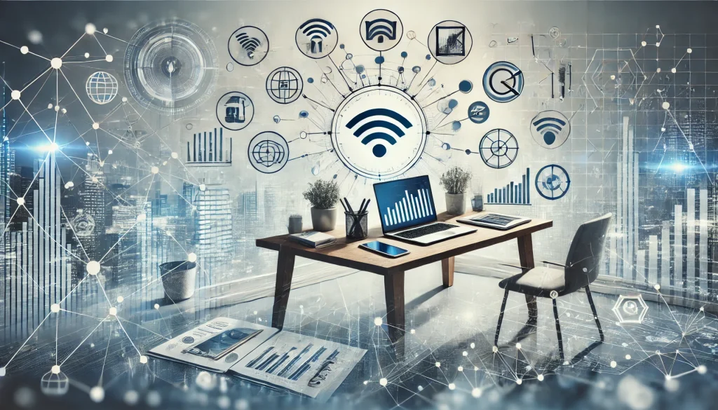 Modern home office setting with charts, connection symbols, and cityscapes representing remote work analytics.