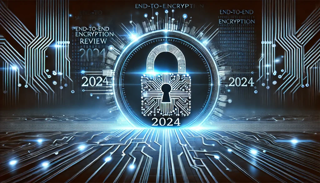 A glowing lock symbol, consisting of a circuit with a data stream flowing through it, is displayed on a dark blue gradient background with the title "End-to-End Cryptography Review 2024".