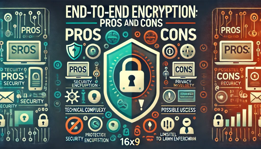 An image titled "End-to-end encryption: pros and cons" with two halves of symbols representing the advantages and disadvantages of encryption.