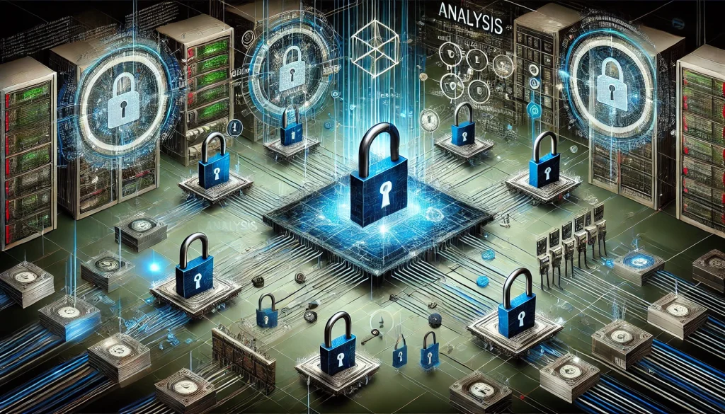 A digital illustration showing a secure network with padlocks, encrypted data streams, and abstract code symbols, symbolizing end-to-end encryption.