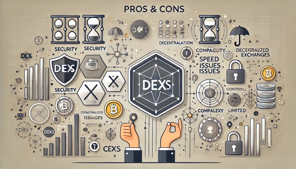 An infographic explaining the pros and cons of decentralized exchanges with icons representing security, control, transparency, speed, complexity, and accessibility.