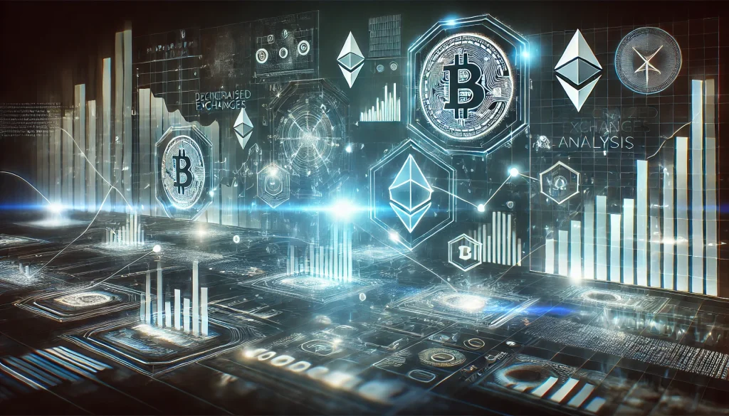 Digitally visualize your decentralized exchange analysis with glowing blockchain symbols and data charts.