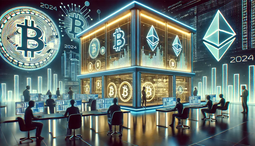 A futuristic digital illustration of a centralized cryptocurrency exchange in 2024 with neon signs, market charts, and blockchain symbols.