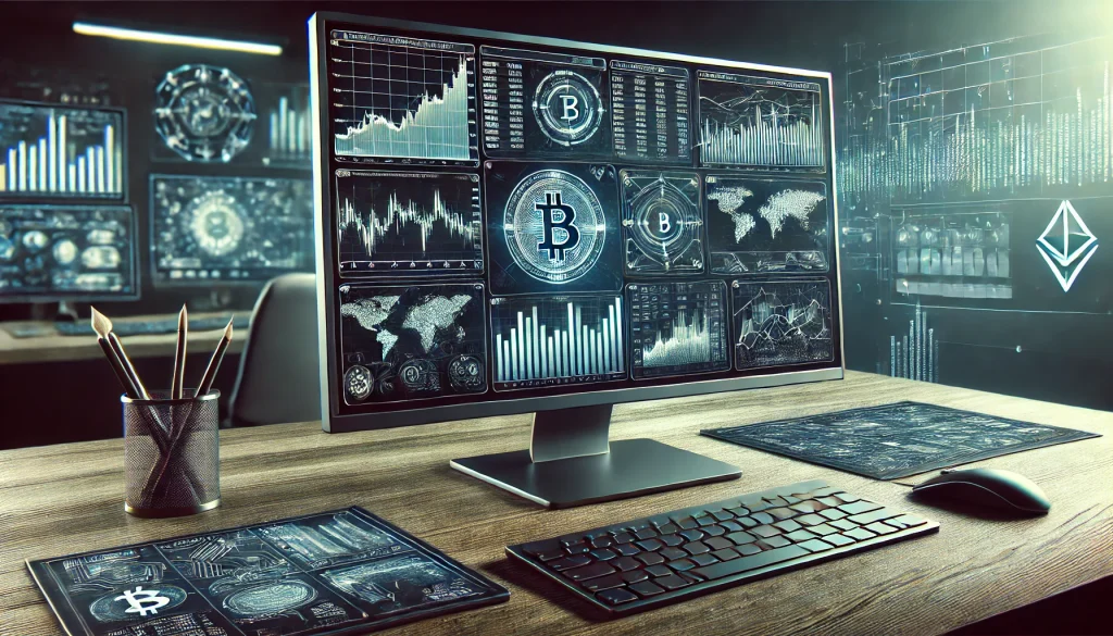 A modern digital dashboard that displays data analytics from centralized cryptocurrency exchanges in charts and graphs in a cutting-edge financial environment.