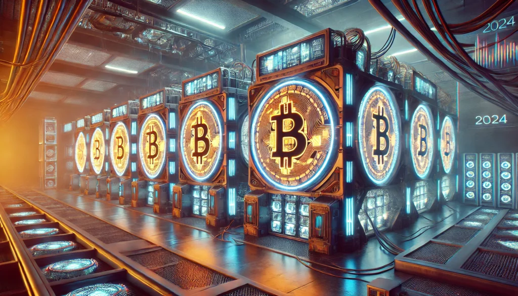 A futuristic Bitcoin mining facility in the year 2024, complete with giant industrial machines glowing with Bitcoin symbols.