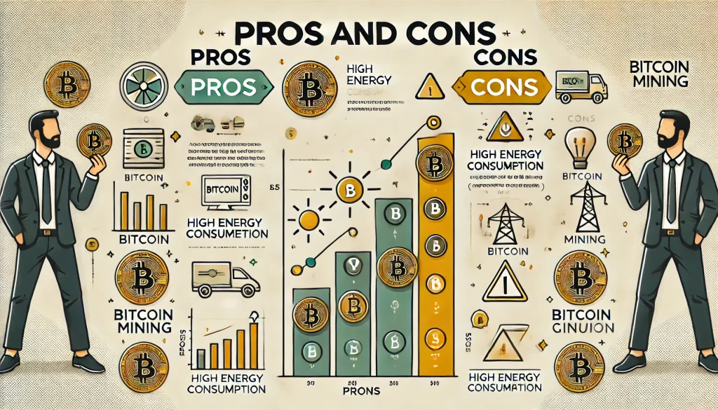 An infographic showing the pros and cons of Bitcoin mining, with icons representing the pros on the left and the cons on the right.