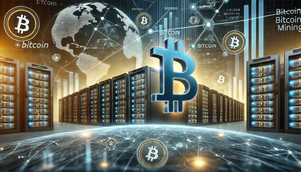 A futuristic scene depicting Bitcoin mining with a large Bitcoin symbol, server racks, and data analysis charts.