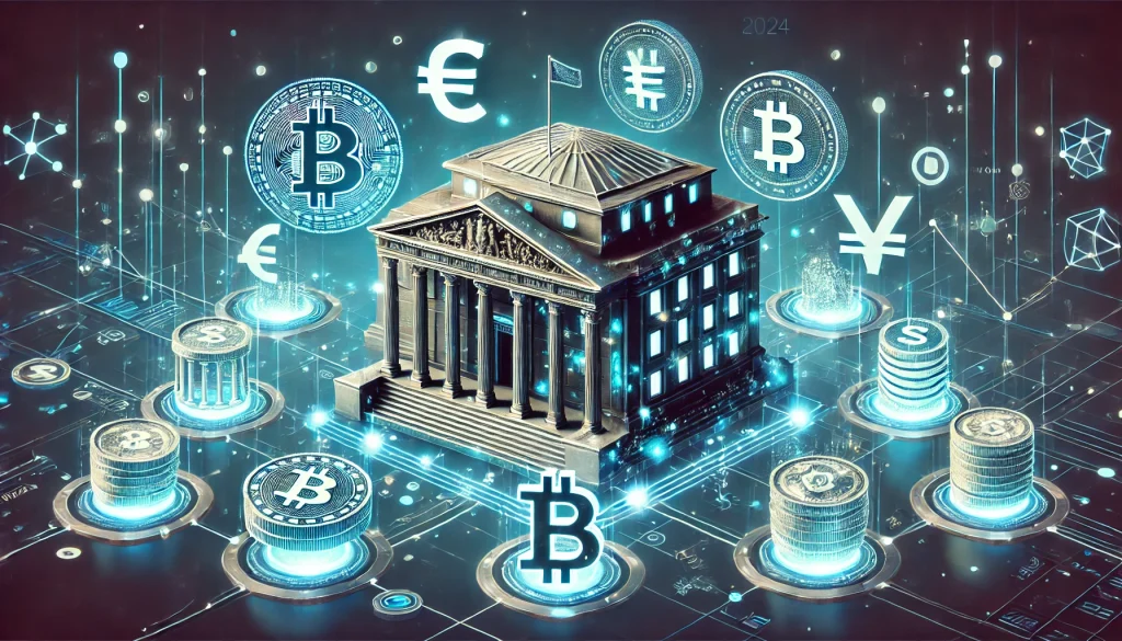 A futuristic digital scene with a central bank symbol surrounded by currency and blockchain elements representing a central bank digital currency in 2024.