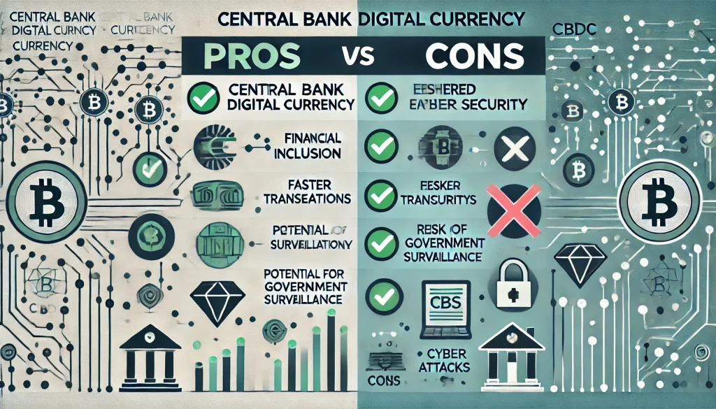 A balanced infographic showing the pros and cons of central bank digital currencies (CBDCs) with icons and symbols on a blue and gray background.