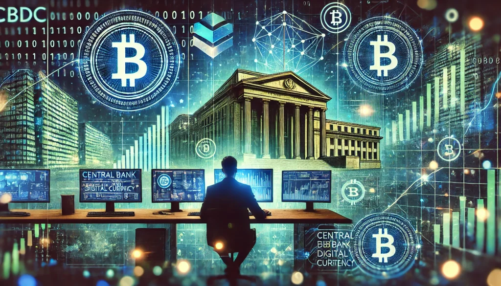 A person analyzing central bank digital currency data on multiple screens with digital elements and a stylized central bank in the background.