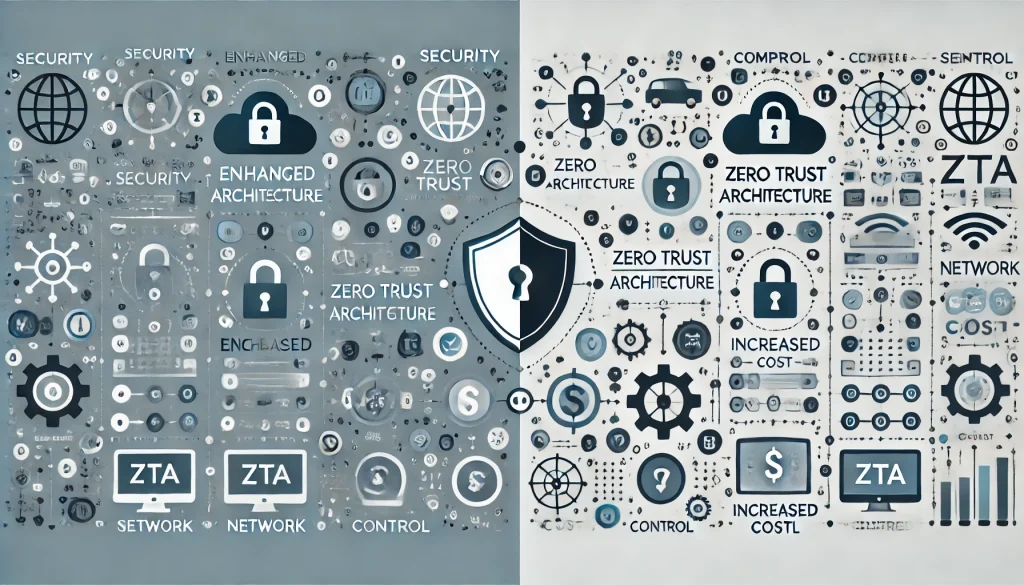 A visual comparison of the pros and cons of Zero Trust architectures, with security icons on the left and complexity-related symbols on the right.