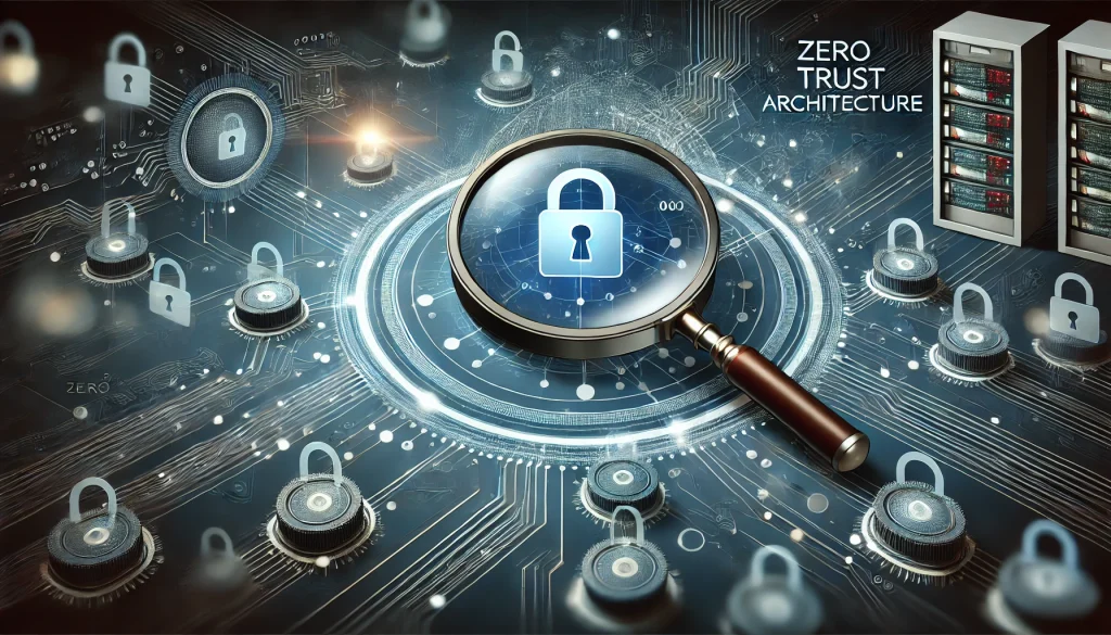 A magnifying glass inspects nodes within a digital zero-trust architecture network, highlighting security verification.