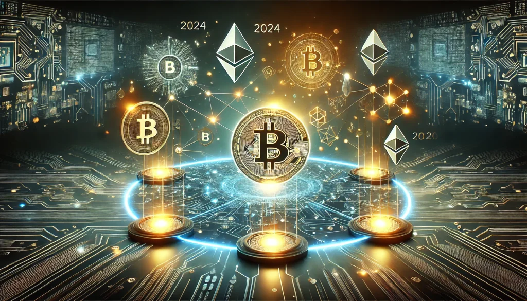 A futuristic digital landscape with a glowing blockchain network and floating cryptocurrency symbols representing crypto assets in 2024.