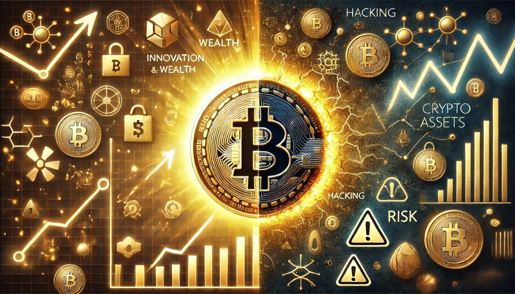 A 16:9 image representing the dual nature of crypto assets: a bright golden crypto coin on the left, symbolizing innovation and security, and a darker, cracked coin on the right, representing risk and volatility.