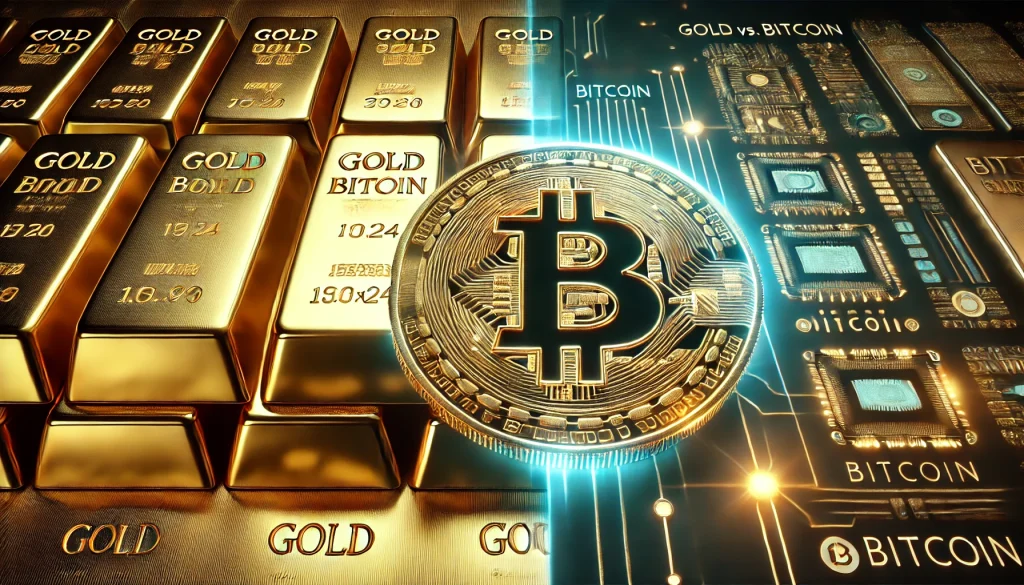 A comparison of the gold bar and bitcoin symbols in 2024, symbolizing traditional wealth and digital money.