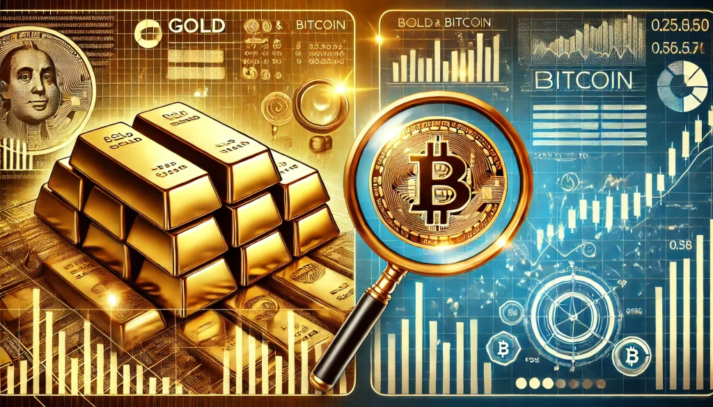 A split-screen illustration comparing the analysis of gold and bitcoin using a mix of traditional finance and digital elements.