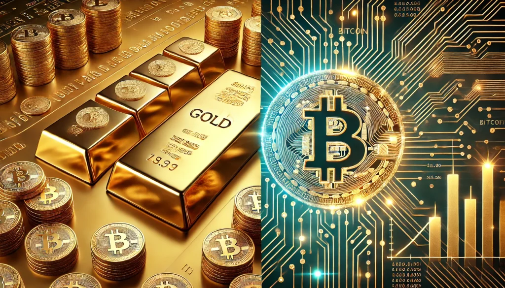 A visual comparison of gold and Bitcoin, with gold on the left representing traditional wealth and Bitcoin on the right representing digital currency.