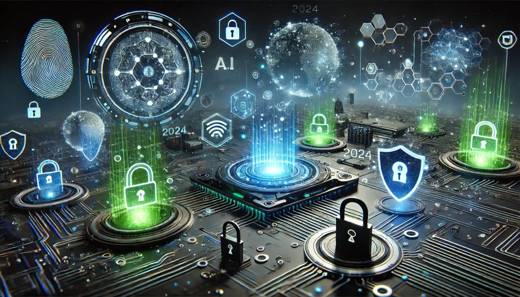 A futuristic digital environment with secure locks, data streams, and AI-powered shields that showcase the cybersecurity trends of 2024.