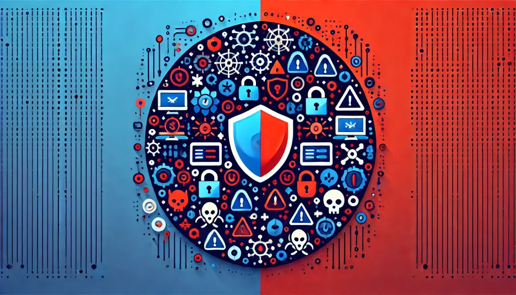 A 16x9 image divided into blue and red themes, with blue representing cybersecurity positives with symbols like shields and padlocks, and red representing cybersecurity negatives with icons like warning triangles and skulls.