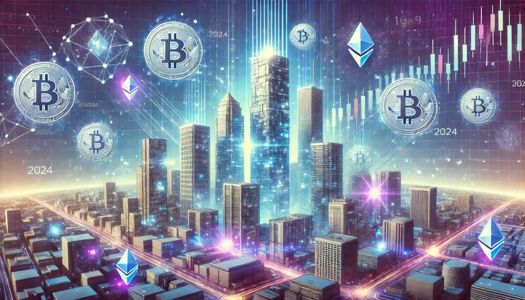 A futuristic cityscape with digital skyscrapers, glowing blockchain patterns, and floating tokens representing assets to symbolize the tokenization market in 2024.