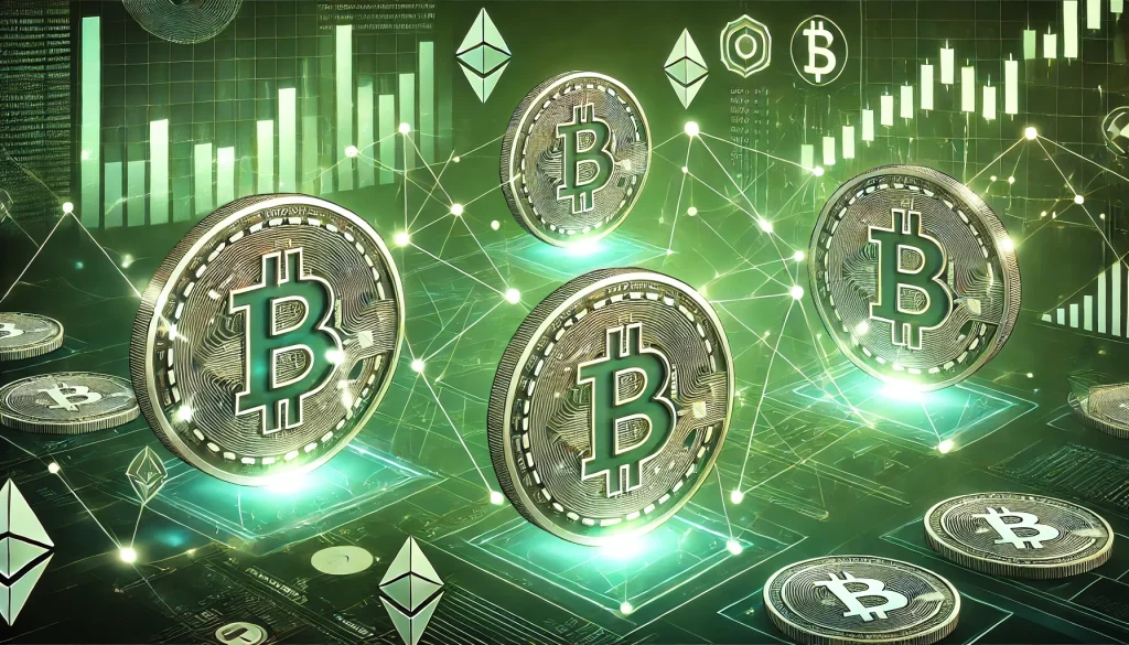 A green themed image representing the tokenization market with a background of digital tokens interconnected by networks and financial symbols.