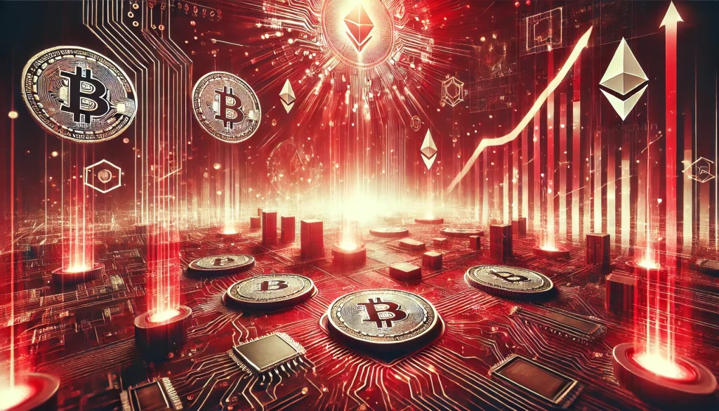 Red-themed abstract image depicting a tokenization market with digital tokens, blockchain symbols, and an upward trend line.