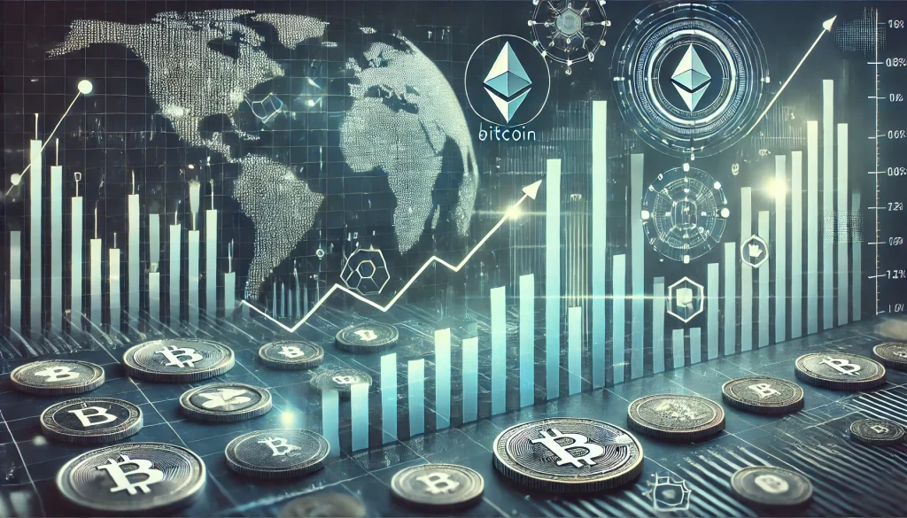 A digital graph with token icons and a world map showing an analysis of the tokenization market.