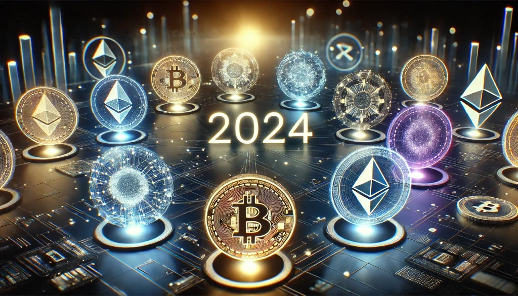 A futuristic digital image that subtly incorporates "2024" into a dynamic grid of glowing altcoin symbols like Ethereum, Cardano, and Solana.