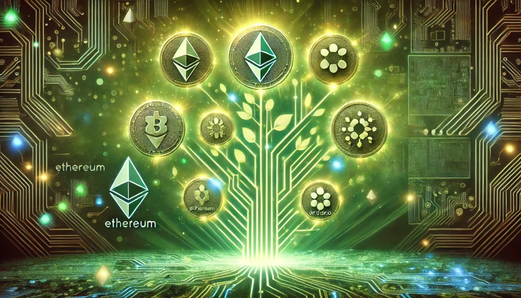 A green-themed image with altcoin symbols glowing from a digital tree symbolizing the growth and benefits of altcoins.