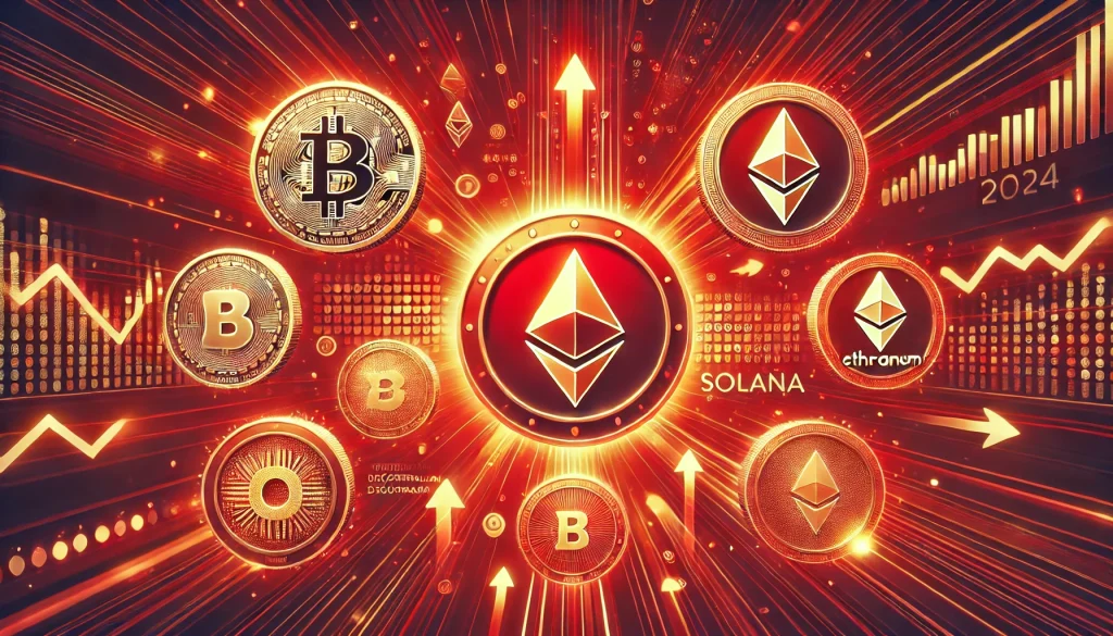 A vibrant red-themed image that highlights the benefits of altcoins with glowing symbols and dynamic arrows that symbolize growth and innovation.