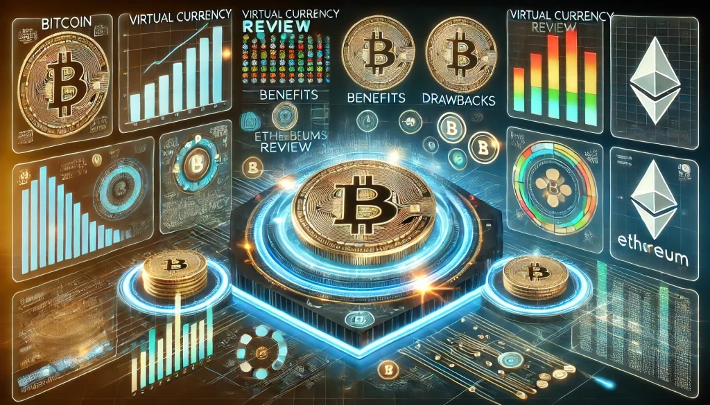 A futuristic digital interface with virtual coins, financial graphs, and holographic currency symbols representing a 2024 virtual currency review.