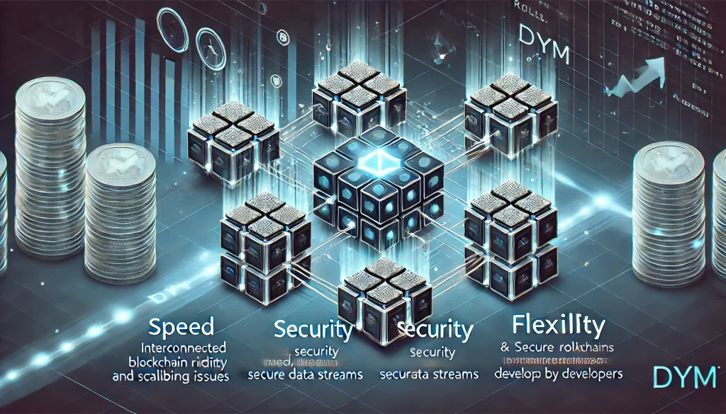 Illustration of Dymension blockchain with modular blocks, secure data streams, and RollApp development