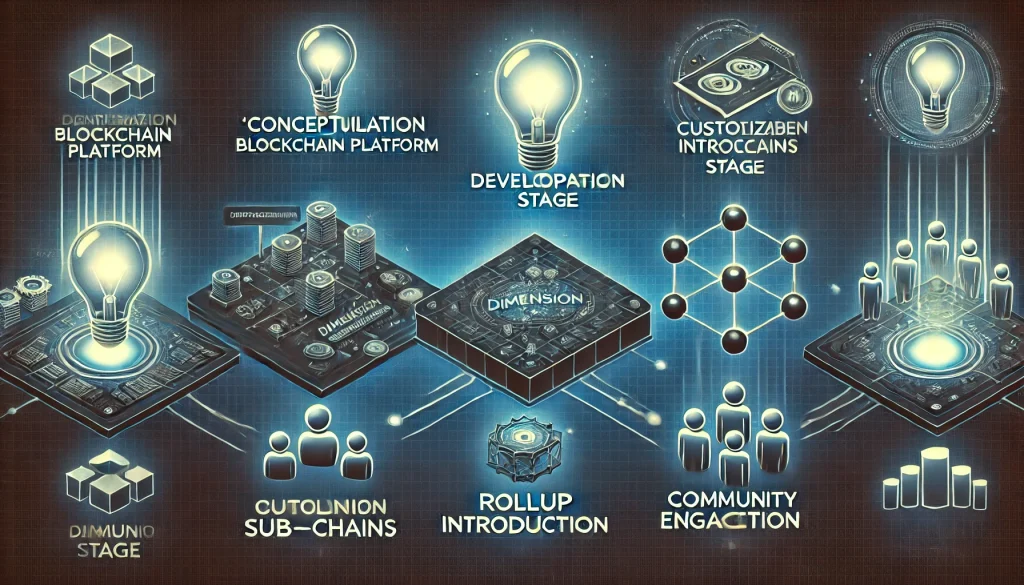 Four blockchain platform milestones: Conceptualization, Development, Rollup Introduction, and Community Engagement