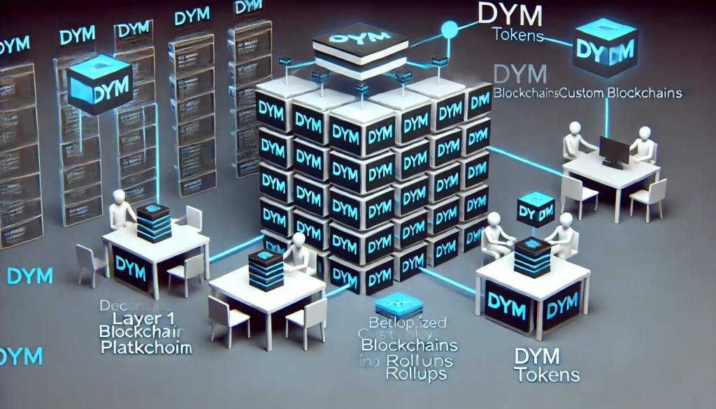 Modular blockchain platform with secure nodes, rollups, and DYM tokens in a flexible ecosystem