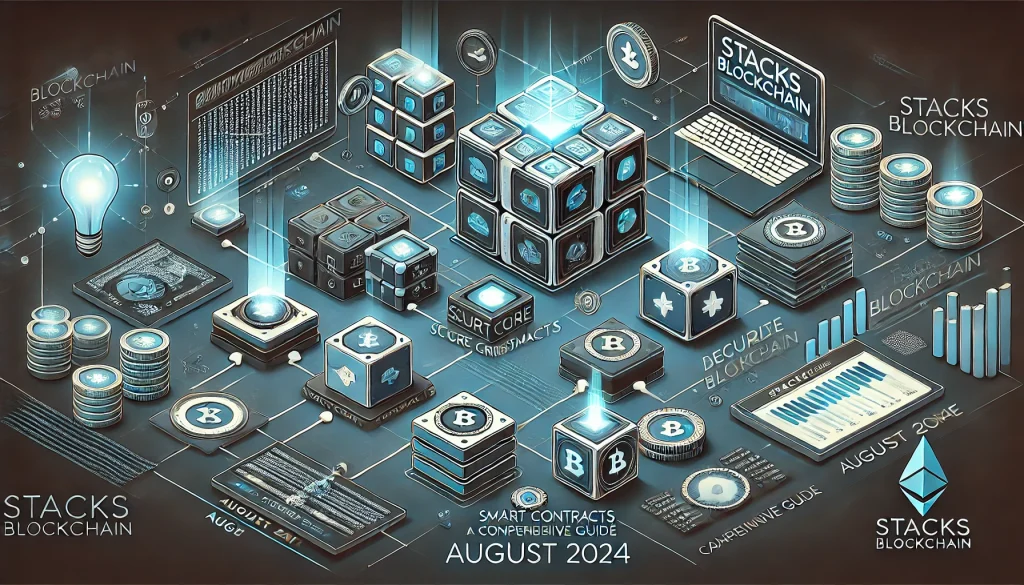 Illustration of Stacks Blockchain guide, featuring modular blocks, secure data flow, and smart contracts