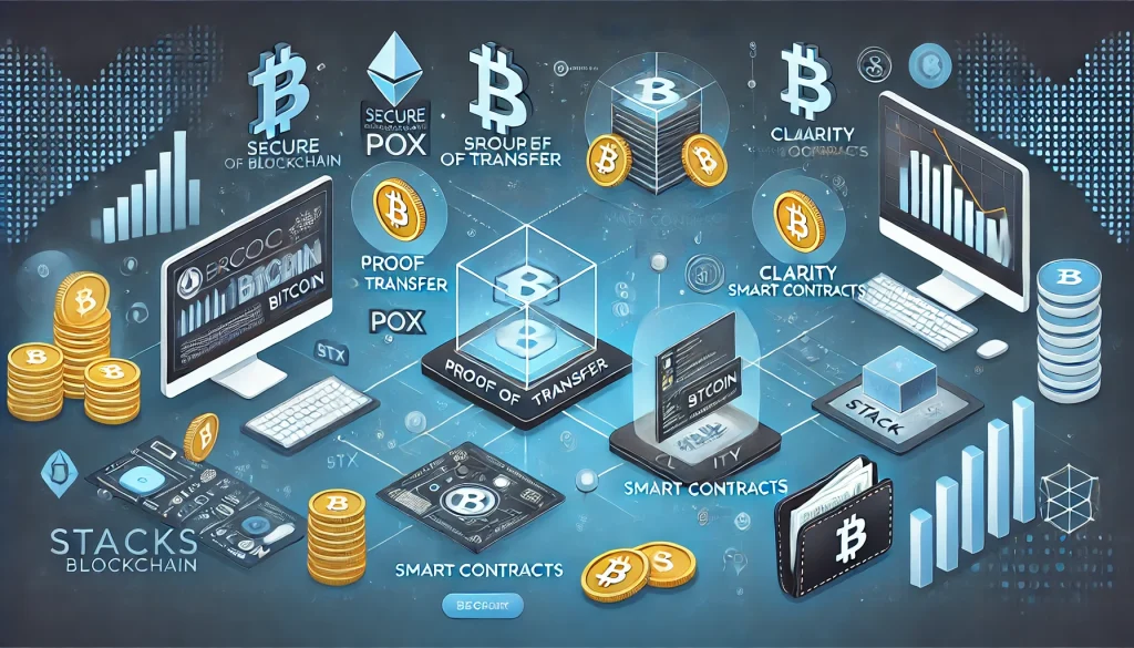 Illustration of Stacks Blockchain with PoX, Clarity Smart Contracts, and Stacks Wallet interface