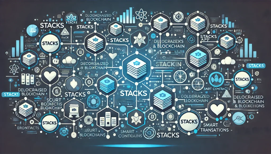 Illustration of companies leveraging Stacks blockchain, connected through secure pathways and smart contracts