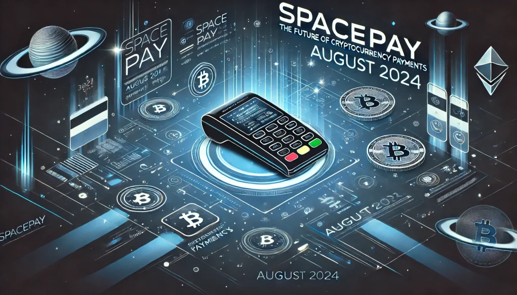 Illustration of SpacePay crypto payments, featuring futuristic terminals, cryptocurrency symbols, and secure transactions