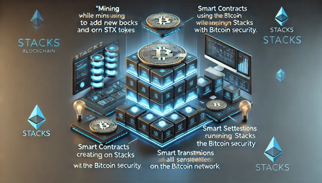 Stacks blockchain process: Bitcoin mining, smart contracts, and transaction settlement with secure network